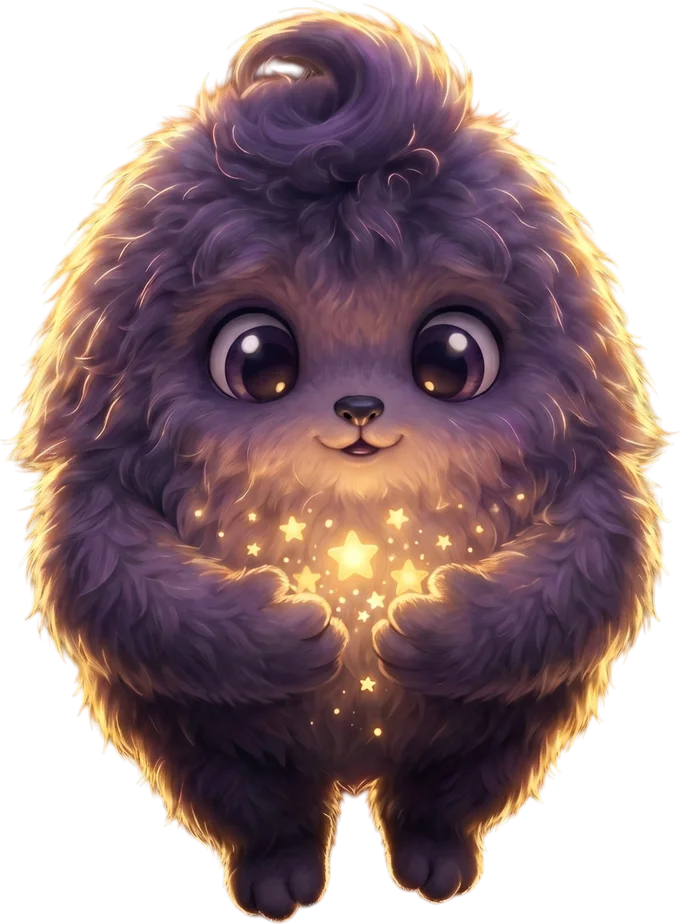 Umbrik, un famiglio stellato e soffice, con una manciata di stelle luminose tra le zampe